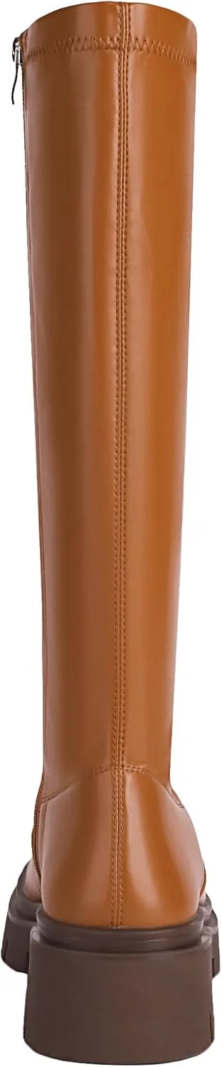 vivianly Women's Chunky Heel Knee high Boots Zipper Square Toe Platform Booties