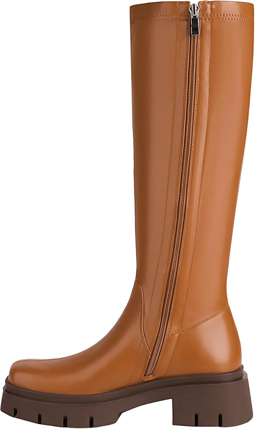 vivianly Women's Chunky Heel Knee high Boots Zipper Square Toe Platform Booties