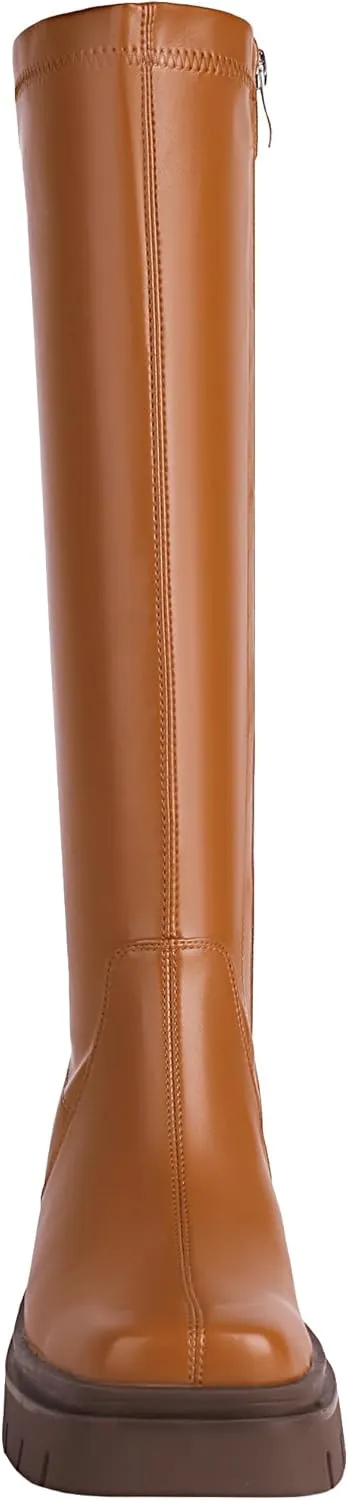 vivianly Women's Chunky Heel Knee high Boots Zipper Square Toe Platform Booties
