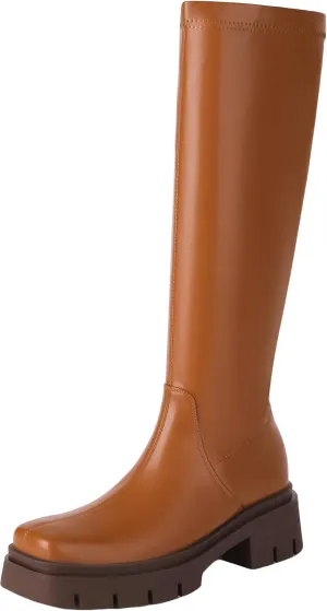 vivianly Women's Chunky Heel Knee high Boots Zipper Square Toe Platform Booties