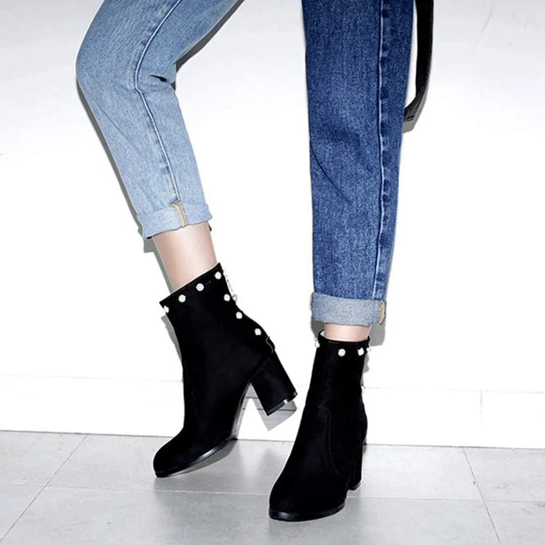 VOKLIN Women's Chunky Block Heel Dress Ankle Boots Suede Round Toe Zipper Booties Studded Pearls Short Boot