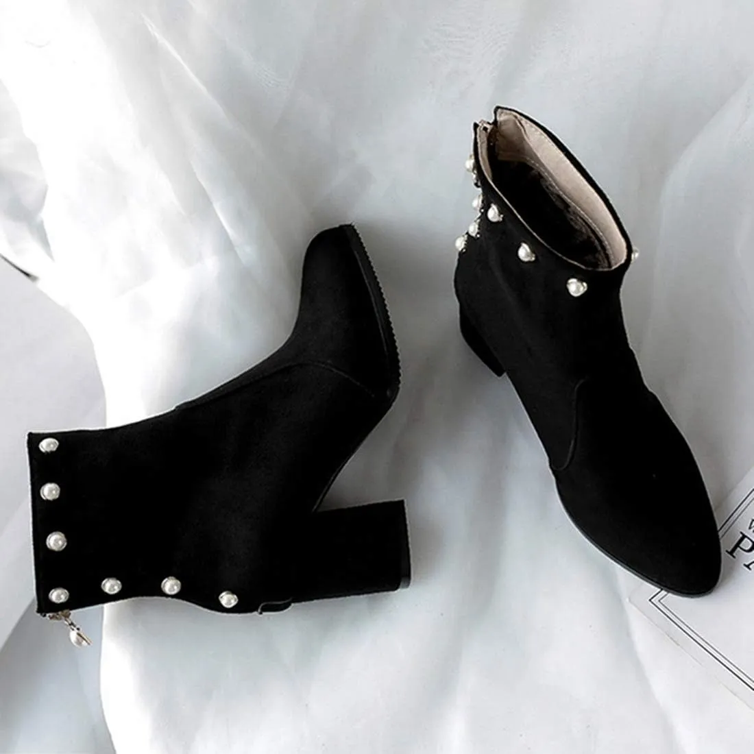 VOKLIN Women's Chunky Block Heel Dress Ankle Boots Suede Round Toe Zipper Booties Studded Pearls Short Boot