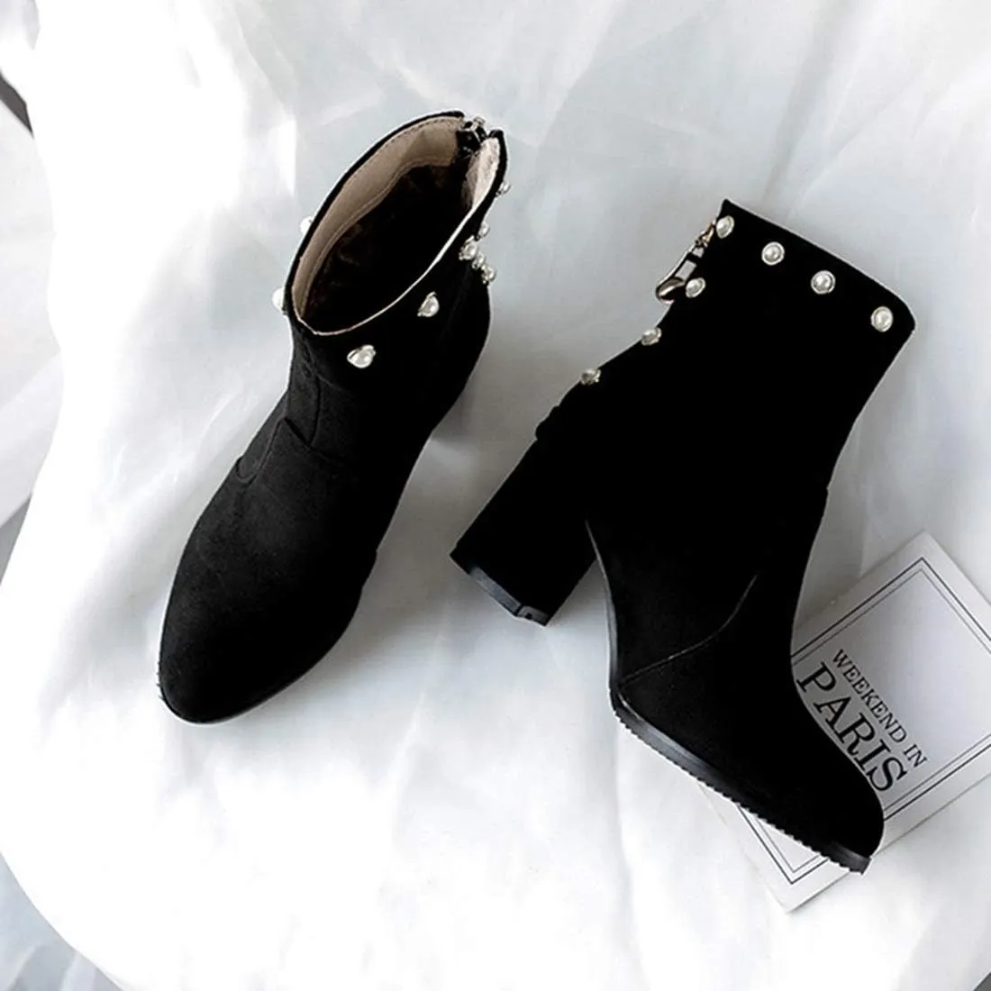 VOKLIN Women's Chunky Block Heel Dress Ankle Boots Suede Round Toe Zipper Booties Studded Pearls Short Boot