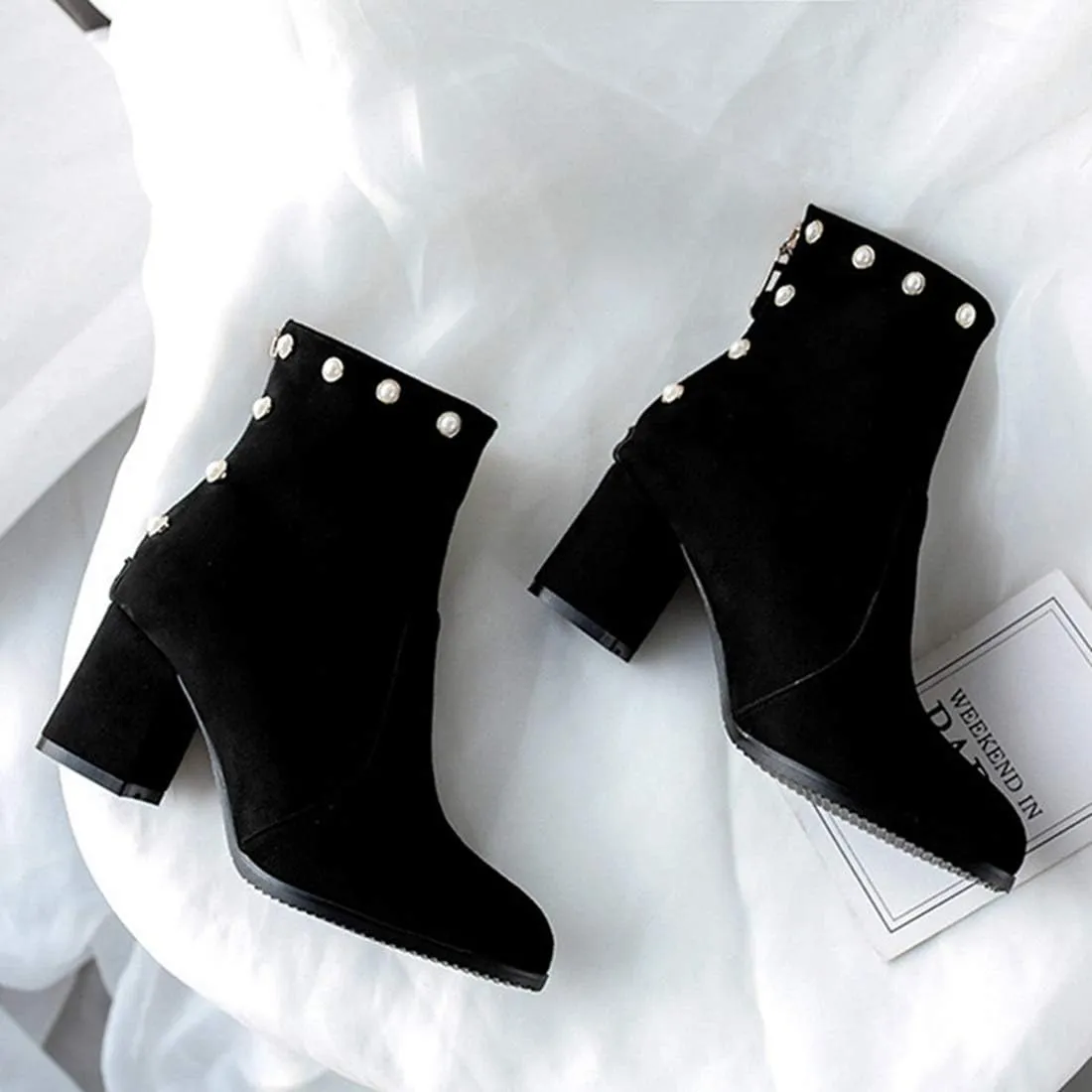 VOKLIN Women's Chunky Block Heel Dress Ankle Boots Suede Round Toe Zipper Booties Studded Pearls Short Boot