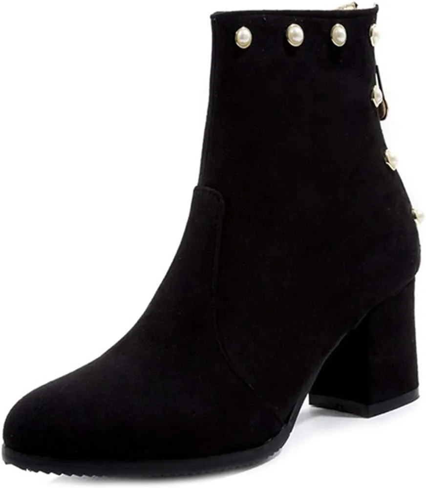 VOKLIN Women's Chunky Block Heel Dress Ankle Boots Suede Round Toe Zipper Booties Studded Pearls Short Boot