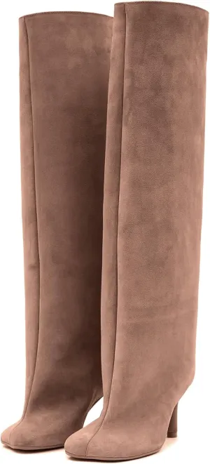VOMIRA Women's Knee High Nude Suede Wide Calf Square Toe Stiletto Fall Winter Pull On High Heel Long Ladies Fashion Dress Tall Slouchy Boots