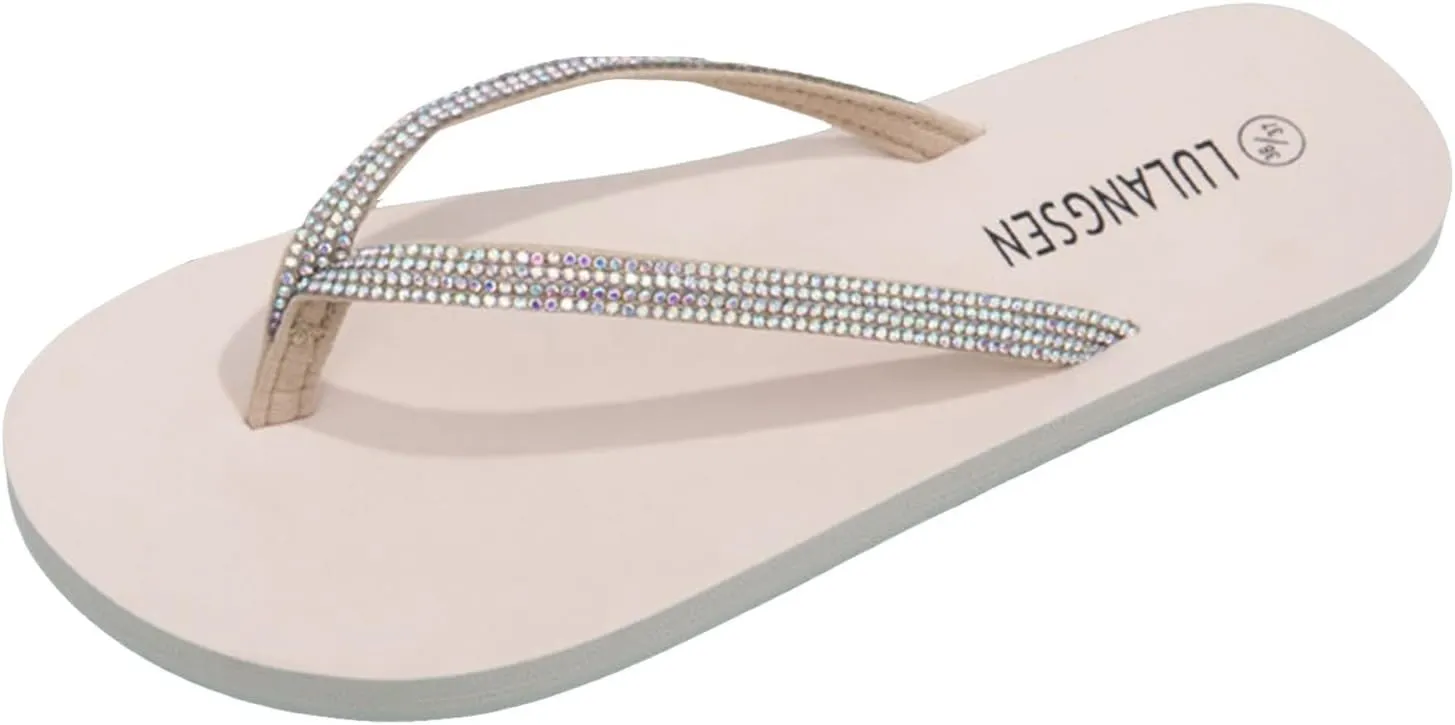 Walking Thong Comfortable Summer Beach Women's Thong Glossy Rhinestone Flat Slippers For Casual Outer Wear Beach Flip