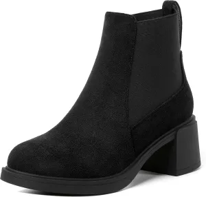 WAYDERNS Womens Slip On Suede Outdoor Round Toe Casual Chunky Mid Heel Ankle High Boots 2.2 Inch
