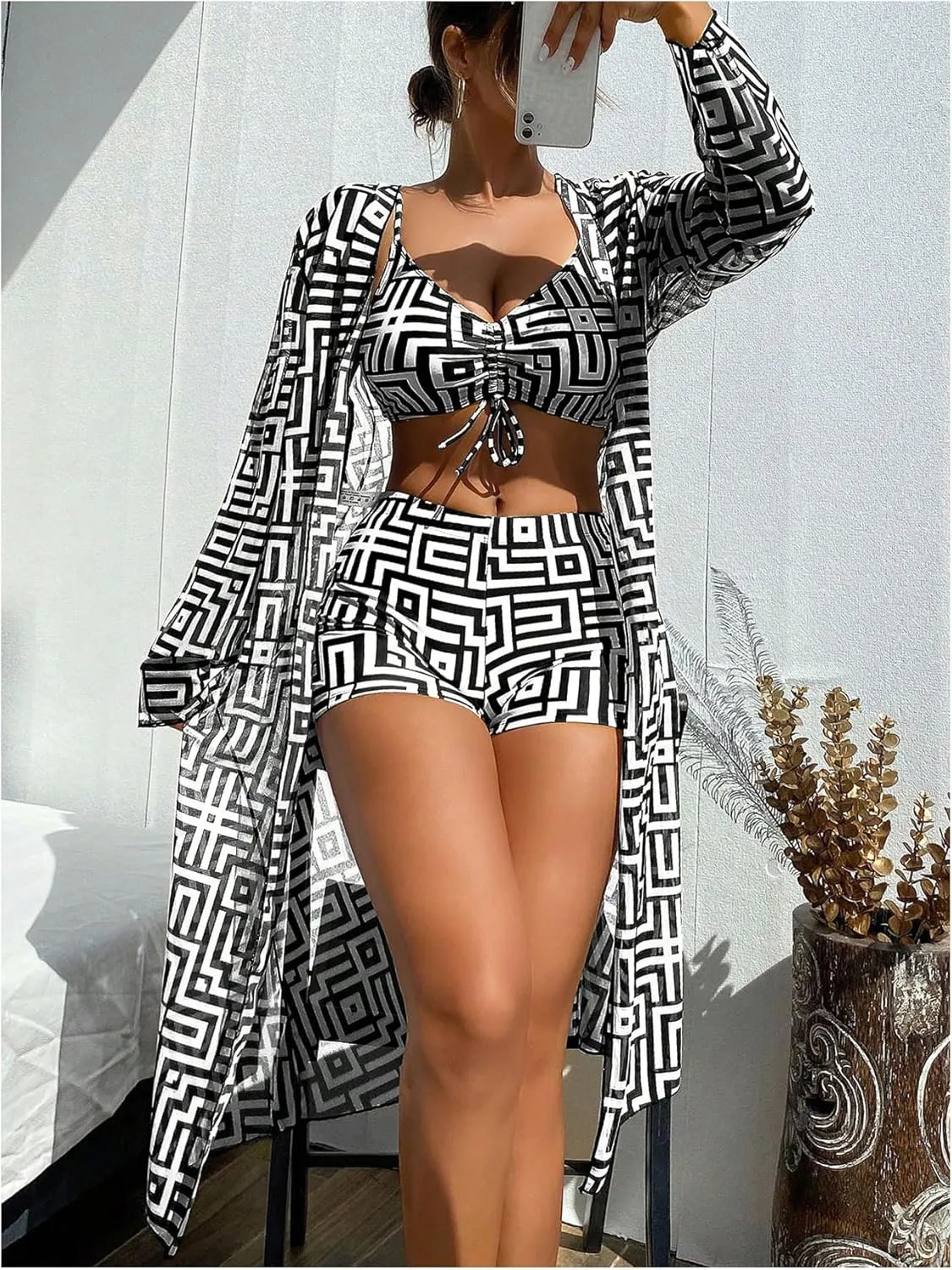 WDIRARA Women's 3 Pieces Bikini Set Geo Print Bathing Suit Drawstring Swimsuit with Cover Ups Kimono
