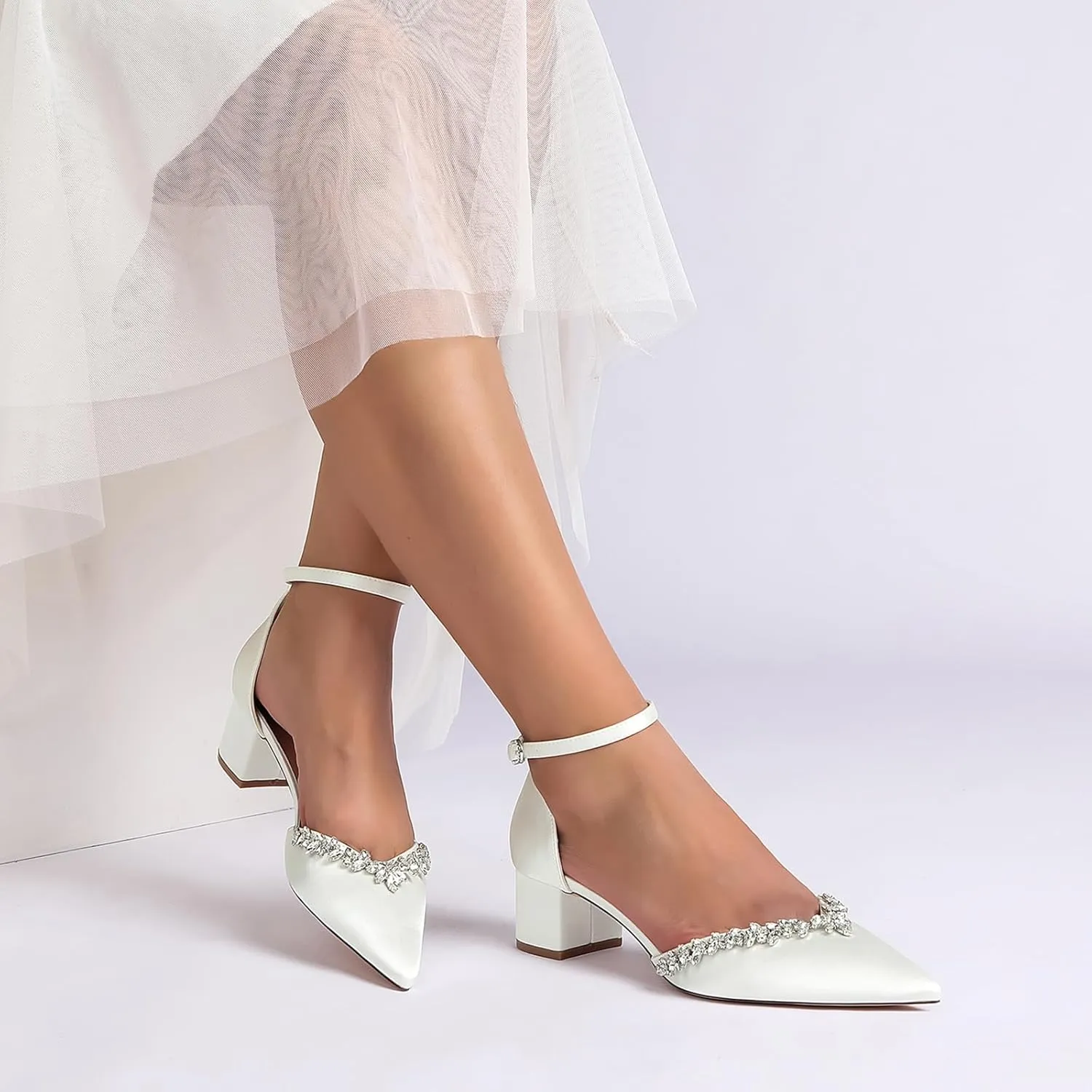 Wedding Shoes Rhinestones Ankle Strap Sandals for Women Closed Toe Pump Pointy Toe Bridal Shoes Block Heel Elegant Bride Heels Dressy