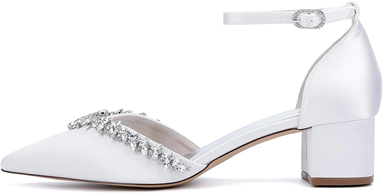 Wedding Shoes Rhinestones Ankle Strap Sandals for Women Closed Toe Pump Pointy Toe Bridal Shoes Block Heel Elegant Bride Heels Dressy