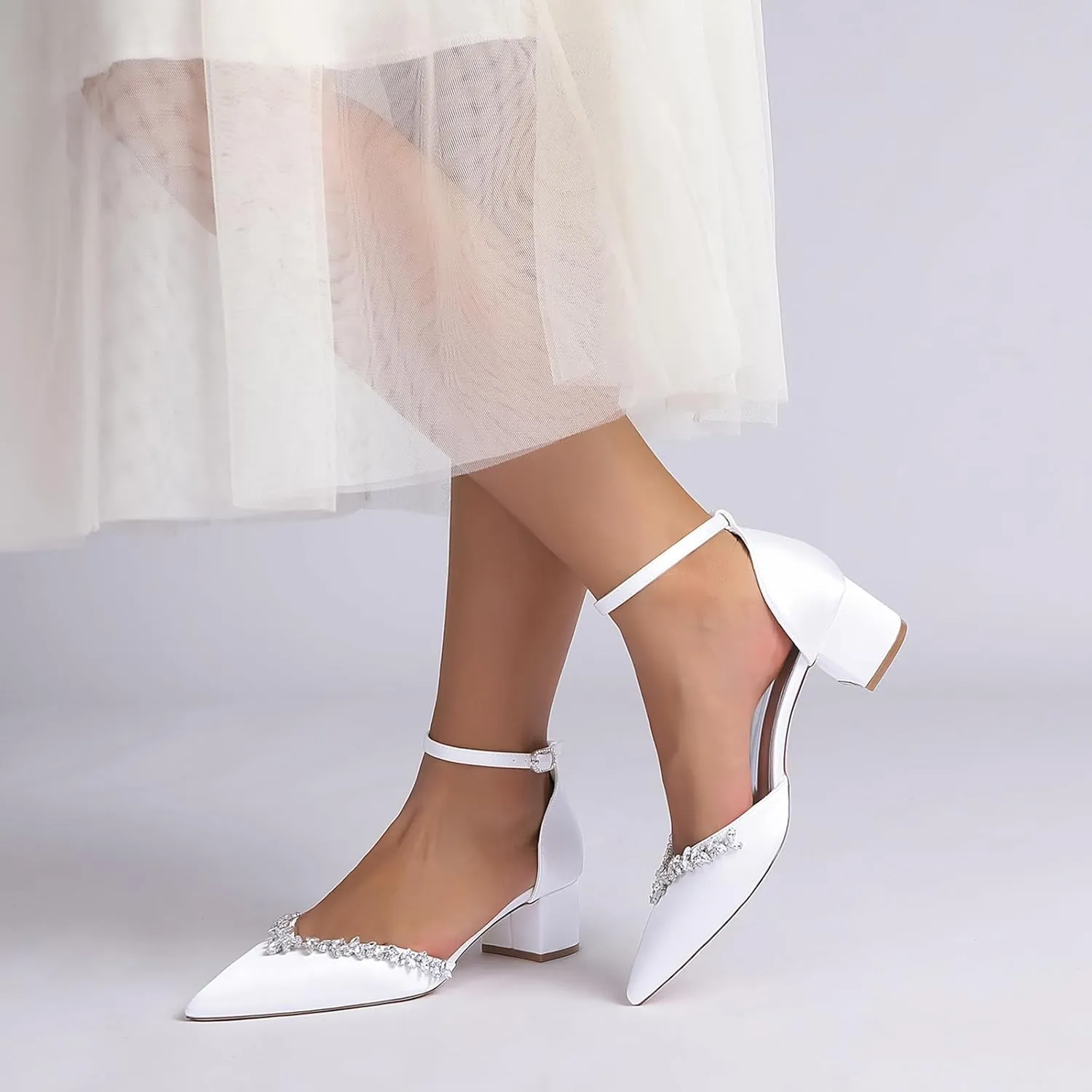 Wedding Shoes Rhinestones Ankle Strap Sandals for Women Closed Toe Pump Pointy Toe Bridal Shoes Block Heel Elegant Bride Heels Dressy