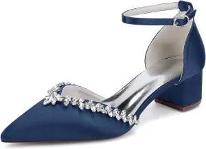 Wedding Shoes Rhinestones Ankle Strap Sandals for Women Closed Toe Pump Pointy Toe Bridal Shoes Block Heel Elegant Bride Heels Dressy