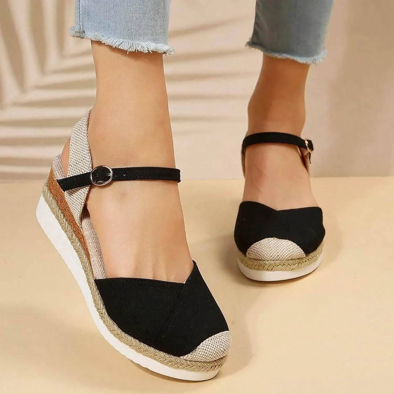 Wedge Sandals for Women 2024 Vacation Slingback Court Wedges For Women Canvas Colorblock Espadrille Wedge Shoes