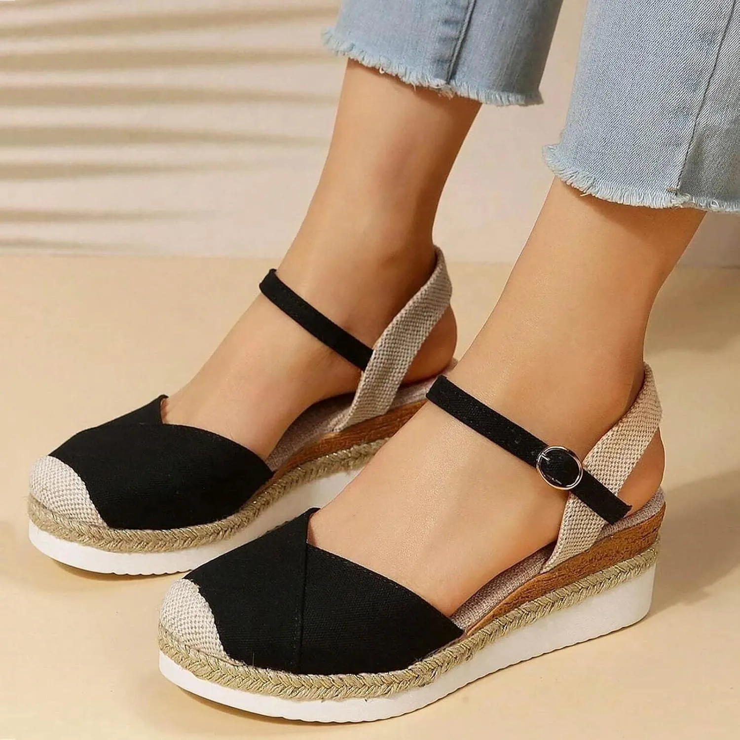 Wedge Sandals for Women 2024 Vacation Slingback Court Wedges For Women Canvas Colorblock Espadrille Wedge Shoes
