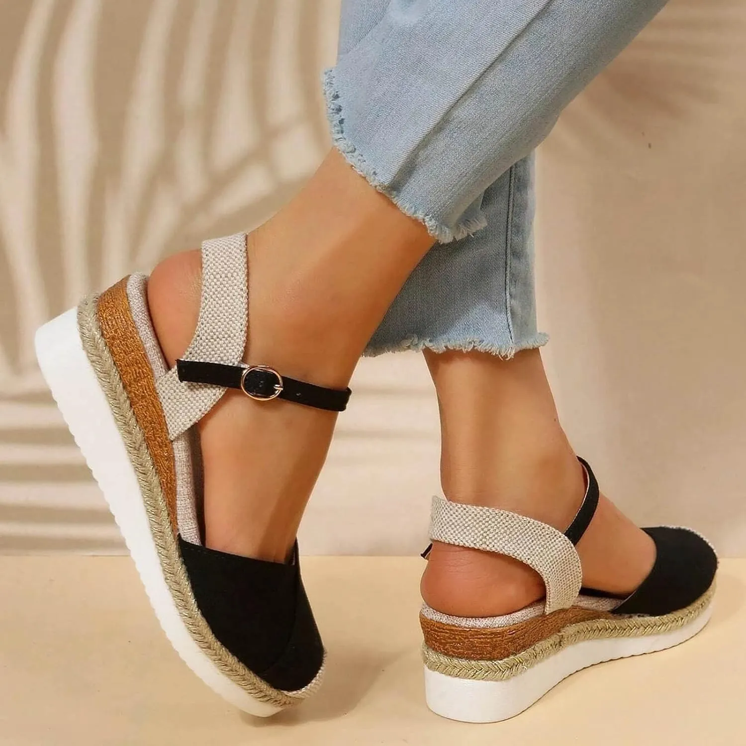 Wedge Sandals for Women 2024 Vacation Slingback Court Wedges For Women Canvas Colorblock Espadrille Wedge Shoes