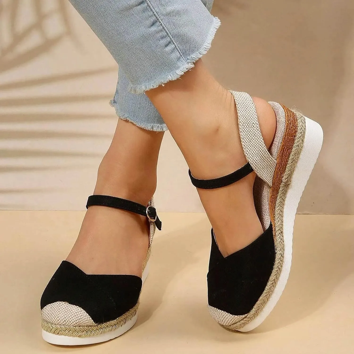 Wedge Sandals for Women 2024 Vacation Slingback Court Wedges For Women Canvas Colorblock Espadrille Wedge Shoes