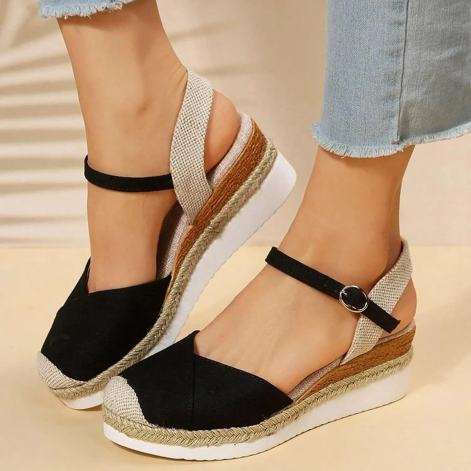 Wedge Sandals for Women 2024 Vacation Slingback Court Wedges For Women Canvas Colorblock Espadrille Wedge Shoes