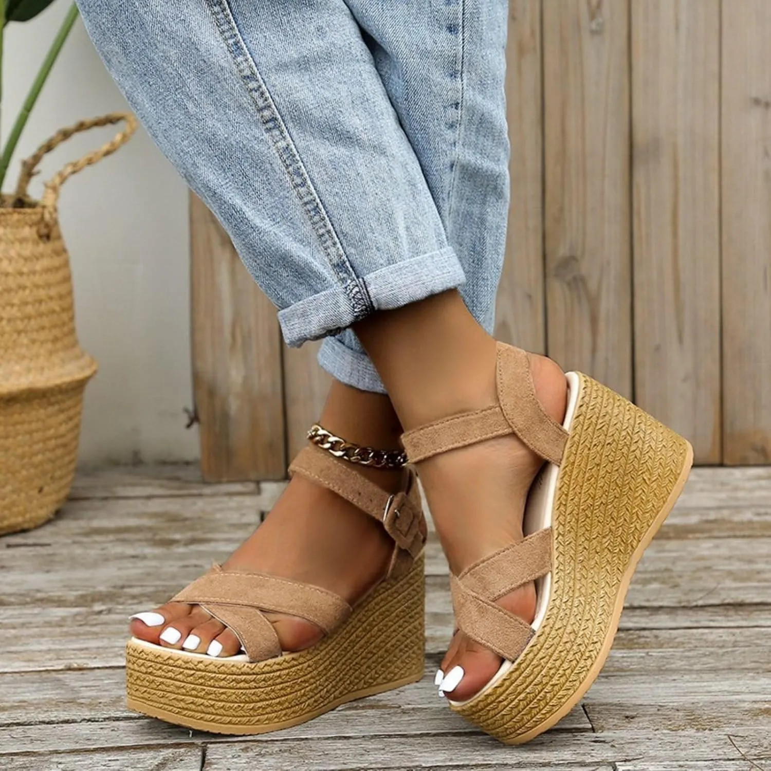 Wedge Sandals for Women Ankle Strap High Heel Platform Sandals Open Toe Walking Shoes Cross Band Comfort Wear Shoes Dressy Summer Wedges Casual Espadrille Sandal 2025 Fashion Breathable Comfortable