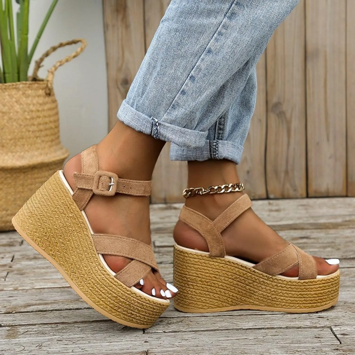 Wedge Sandals for Women Ankle Strap High Heel Platform Sandals Open Toe Walking Shoes Cross Band Comfort Wear Shoes Dressy Summer Wedges Casual Espadrille Sandal 2025 Fashion Breathable Comfortable