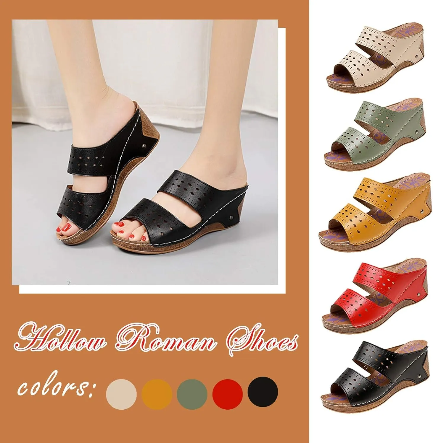 Wedge Sandals for Women Summer Floral Hollow Slip On Slippers Comfortable Outdoor Casual Fish Mouth Open Toe Non-Slip Platform Home Shoes