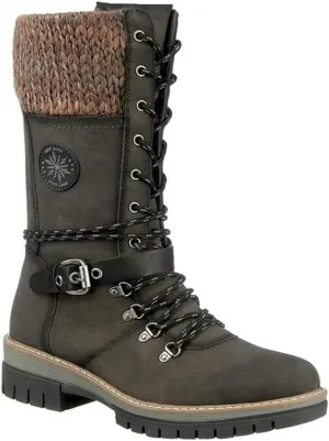 Women Buckle Lace Knitted Mid-calf Boots, knitted tall shaft hiker boot styled with Stylish finished hardware and two-tone laces