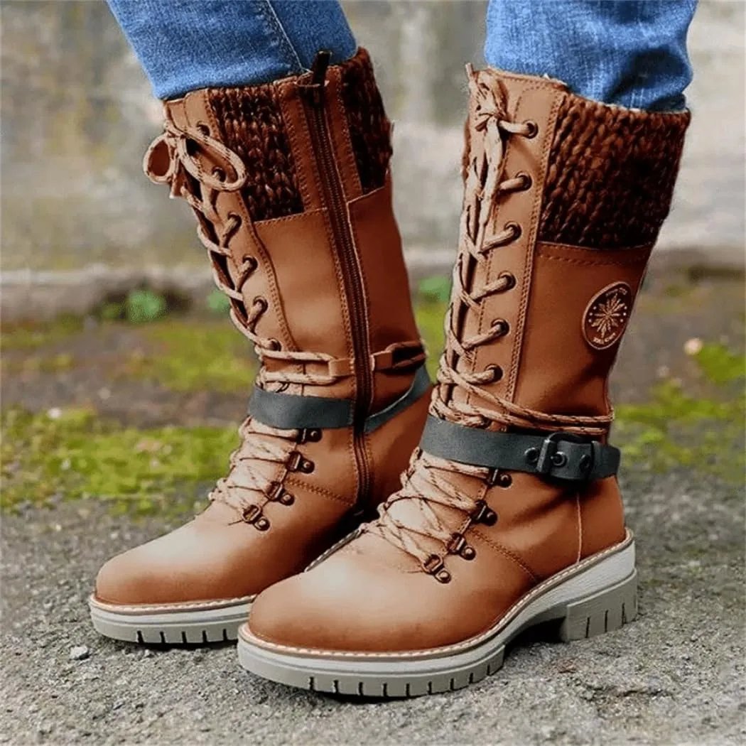 Women Buckle Lace Knitted Mid-calf Boots, knitted tall shaft hiker boot styled with Stylish finished hardware and two-tone laces