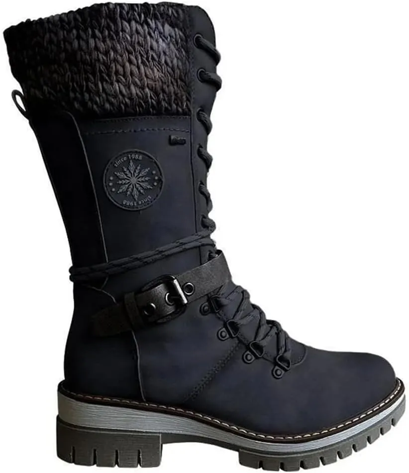 Women Buckle Lace Knitted Mid-calf Boots, knitted tall shaft hiker boot styled with Stylish finished hardware and two-tone laces