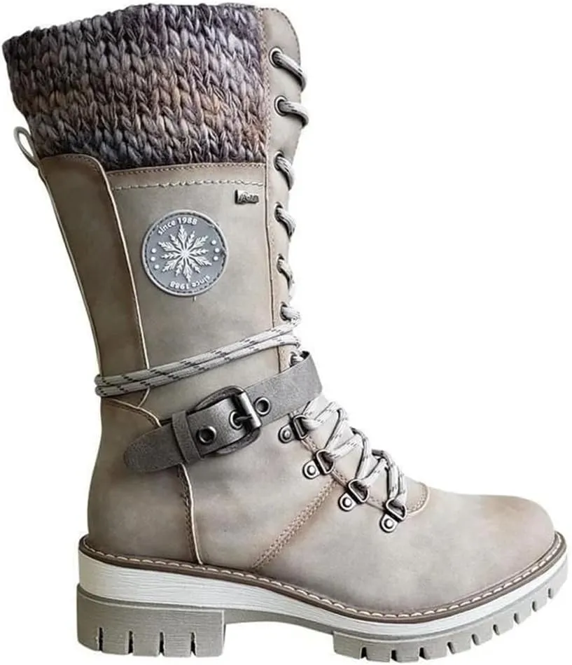 Women Buckle Lace Knitted Mid-calf Boots, knitted tall shaft hiker boot styled with Stylish finished hardware and two-tone laces