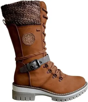 Women Buckle Lace Knitted Mid-calf Boots, knitted tall shaft hiker boot styled with Stylish finished hardware and two-tone laces