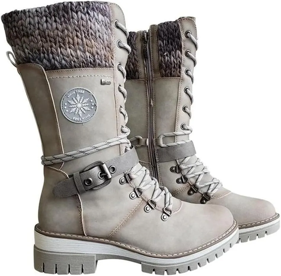 Women Buckle Lace Knitted Mid-calf Boots, knitted tall shaft hiker boot styled with Stylish finished hardware and two-tone laces