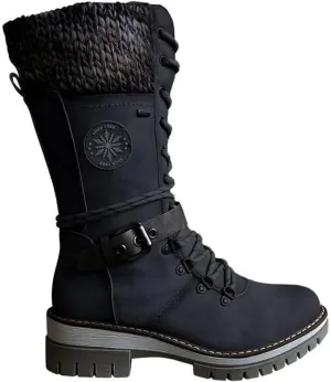 Women Buckle Lace Knitted Mid-calf Boots, knitted tall shaft hiker boot styled with Stylish finished hardware and two-tone laces