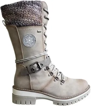 Women Buckle Lace Knitted Mid-calf Boots, knitted tall shaft hiker boot styled with Stylish finished hardware and two-tone laces
