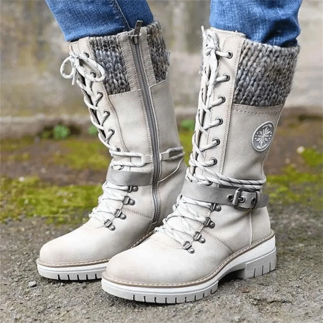Women Buckle Lace Knitted Mid-calf Boots, knitted tall shaft hiker boot styled with Stylish finished hardware and two-tone laces