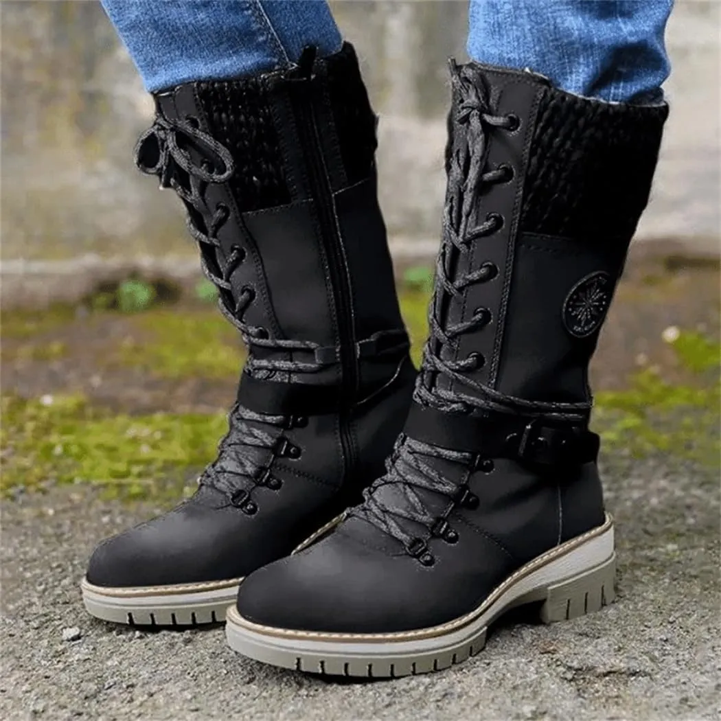 Women Buckle Lace Knitted Mid-calf Boots, knitted tall shaft hiker boot styled with Stylish finished hardware and two-tone laces