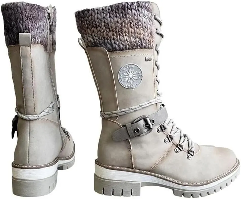 Women Buckle Lace Knitted Mid-calf Boots, knitted tall shaft hiker boot styled with Stylish finished hardware and two-tone laces