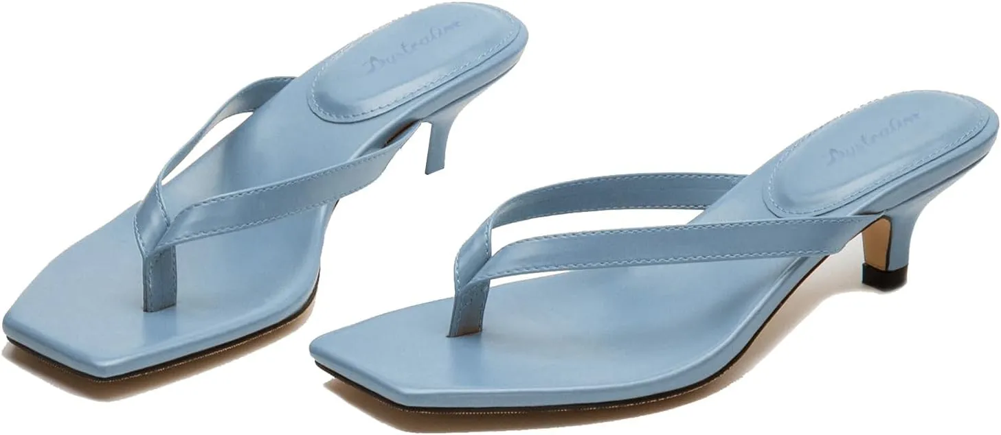 Women Flip-Flops Mules Kitten Heels Square Toe Thong Sandals Matte Comfy 1 inch Low Heel Slippers T-Straps Open Toe Outdoor Beach Summer Slip On Sandal Heels Basic Chic 4-11 M US