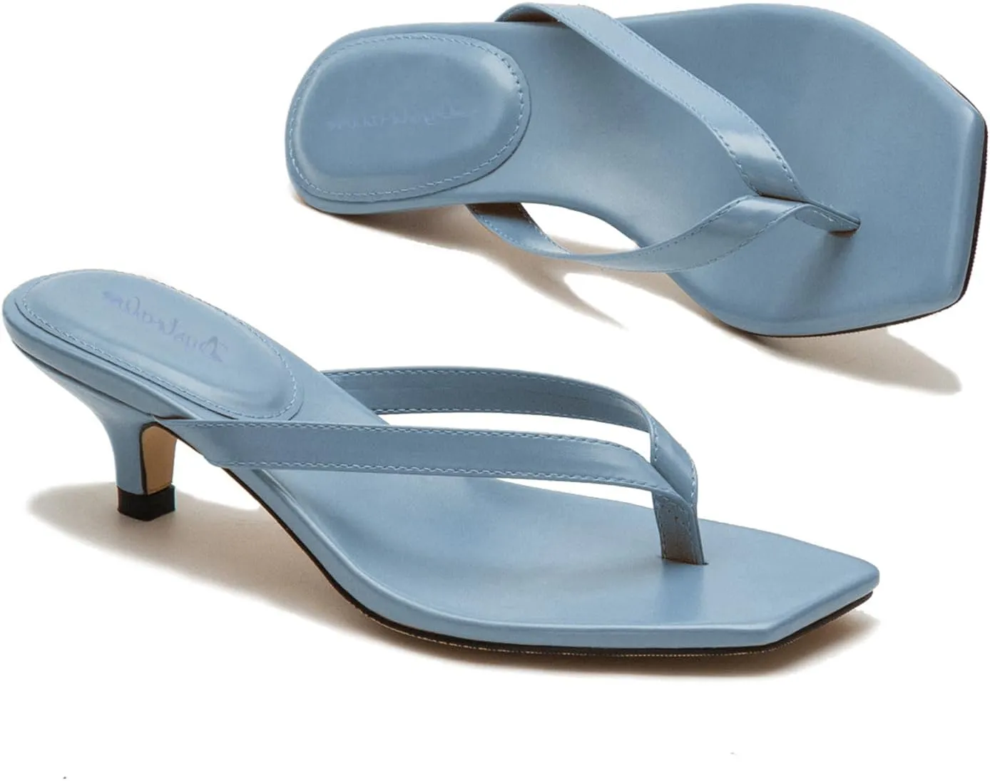 Women Flip-Flops Mules Kitten Heels Square Toe Thong Sandals Matte Comfy 1 inch Low Heel Slippers T-Straps Open Toe Outdoor Beach Summer Slip On Sandal Heels Basic Chic 4-11 M US