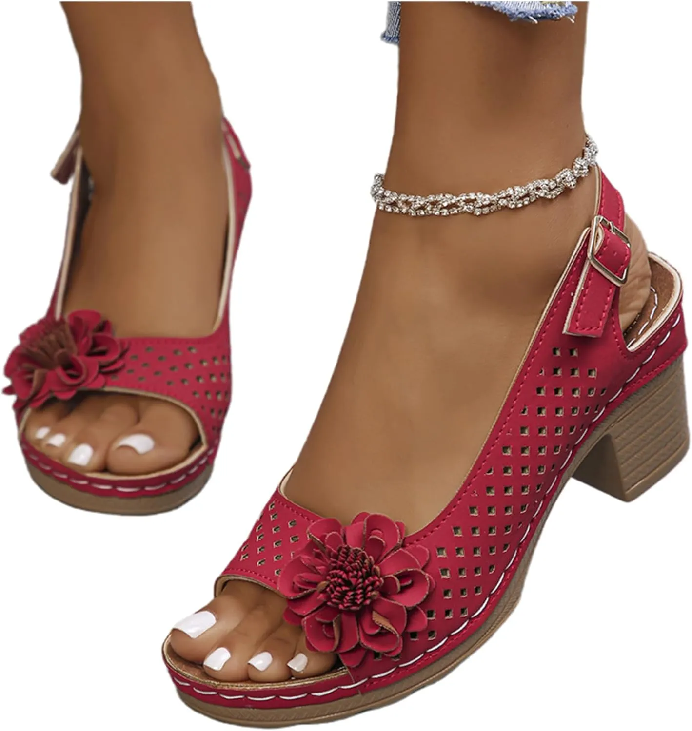 Women Flower Chunky Heel Sandals Open Toe Ankle Strap Platform Block High Heels Wedding Party Dressy Floral Heeled Sandals