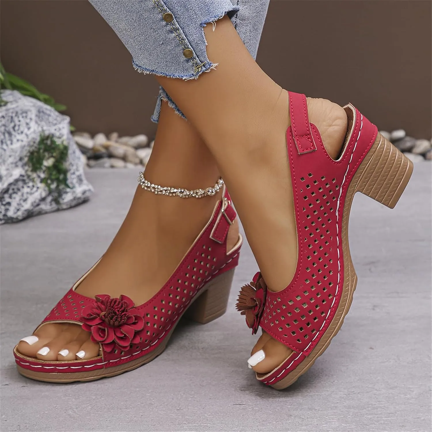 Women Flower Chunky Heel Sandals Open Toe Ankle Strap Platform Block High Heels Wedding Party Dressy Floral Heeled Sandals