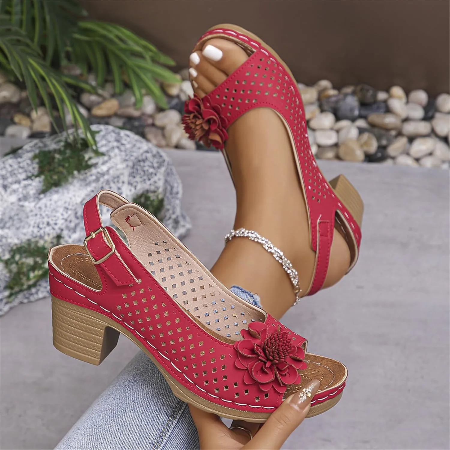 Women Flower Chunky Heel Sandals Open Toe Ankle Strap Platform Block High Heels Wedding Party Dressy Floral Heeled Sandals