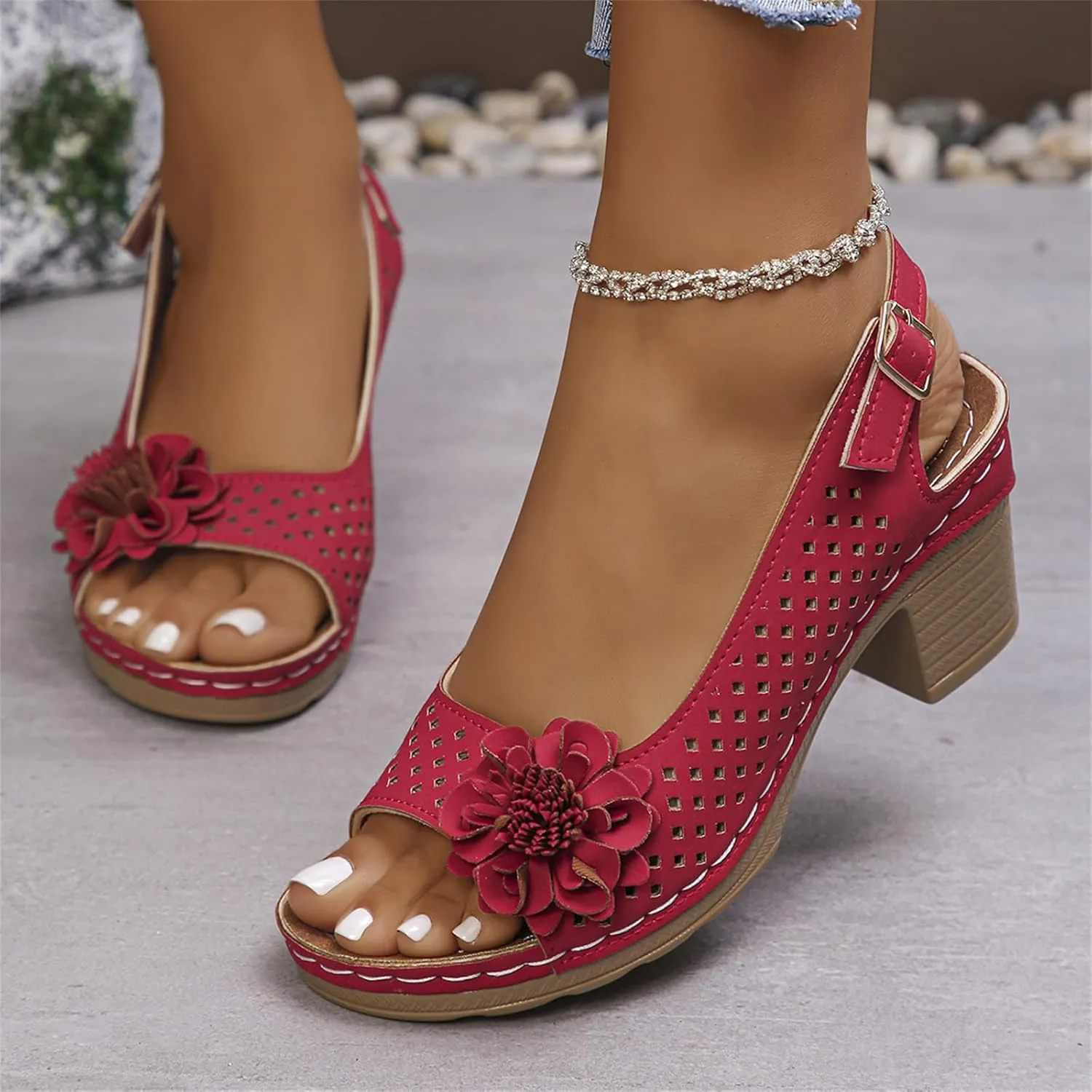 Women Flower Chunky Heel Sandals Open Toe Ankle Strap Platform Block High Heels Wedding Party Dressy Floral Heeled Sandals