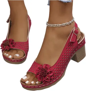 Women Flower Chunky Heel Sandals Open Toe Ankle Strap Platform Block High Heels Wedding Party Dressy Floral Heeled Sandals