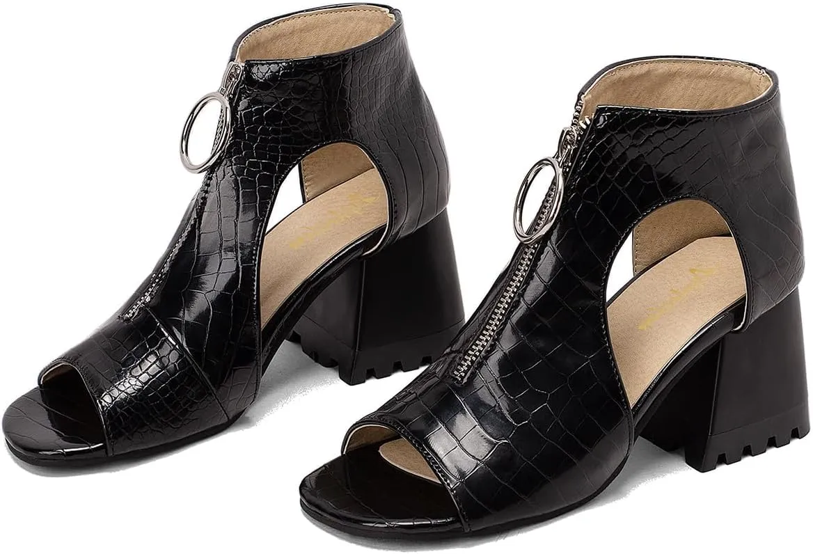 Women Heeled Sandals Peep Open Toe Ankle Boots Mid Chunky Block Heel Cutout Booties Sandals Zipper Lace Up Ankle Strap Dress Sandal Pumps Shoes Suede Crocodile Snakeskin Chic Size 4-15 M US