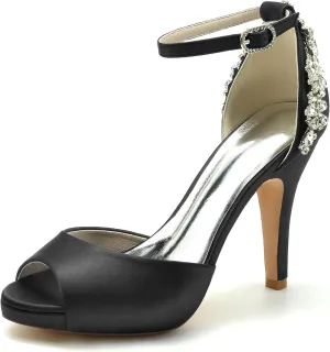 Women Peep Toe Rhinestones Sandals Satin Ankle Strap Bridal Pumps Ankle Buckle Evening Wedding Party Shoes Heel Wedding Sandals