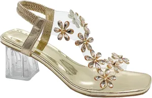 Women Rhinestone Flower Clear Block Heel Sandals,Fashion Elastic Ankle Strap Chunky High Heel Open Toe Sexy Elegant Dress Shoes Womens Flower Rhinestone Block Heel Sandals
