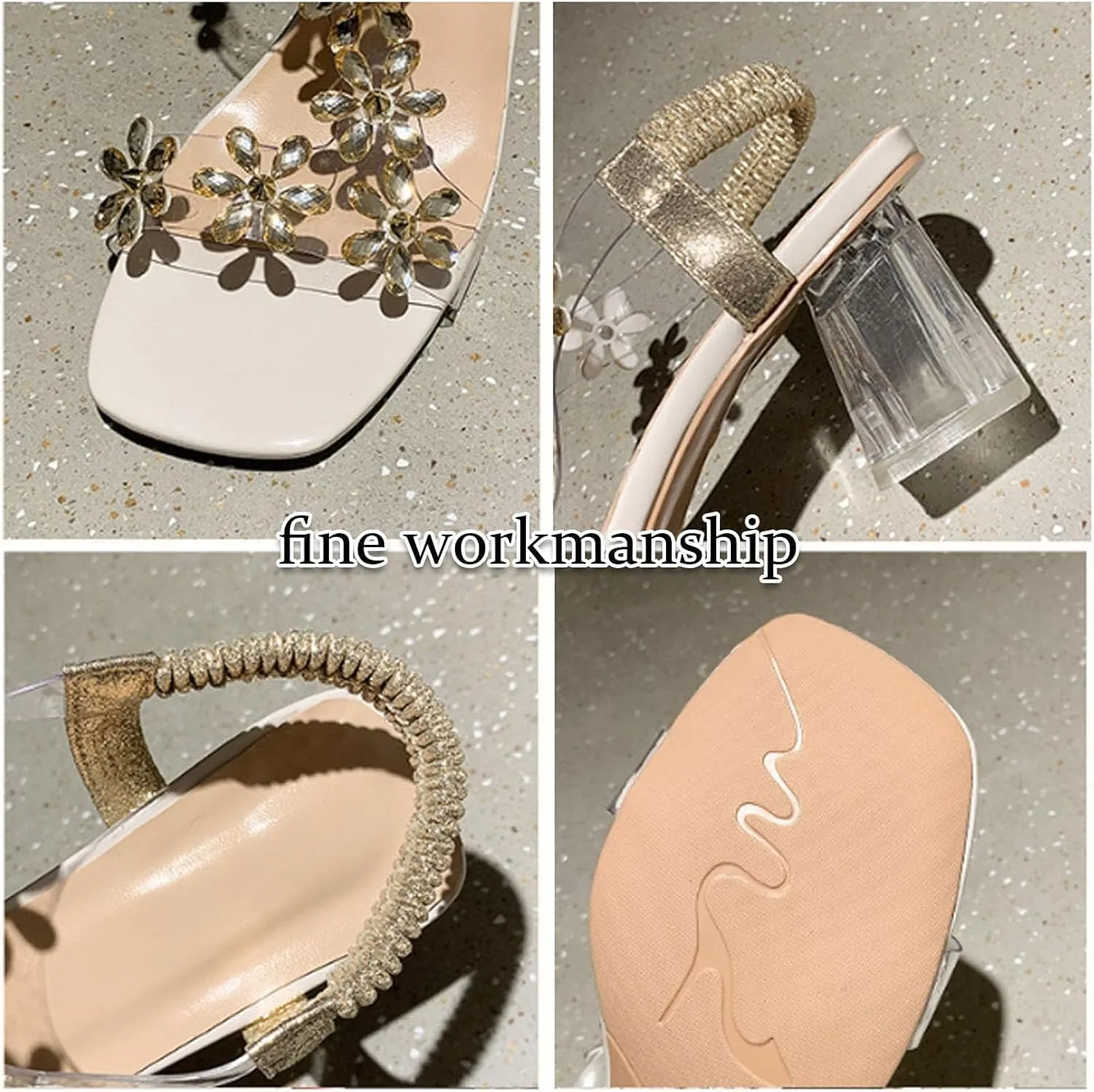 Women Rhinestone Flower Clear Block Heel Sandals,Fashion Elastic Ankle Strap Chunky High Heel Open Toe Sexy Elegant Dress Shoes Womens Flower Rhinestone Block Heel Sandals