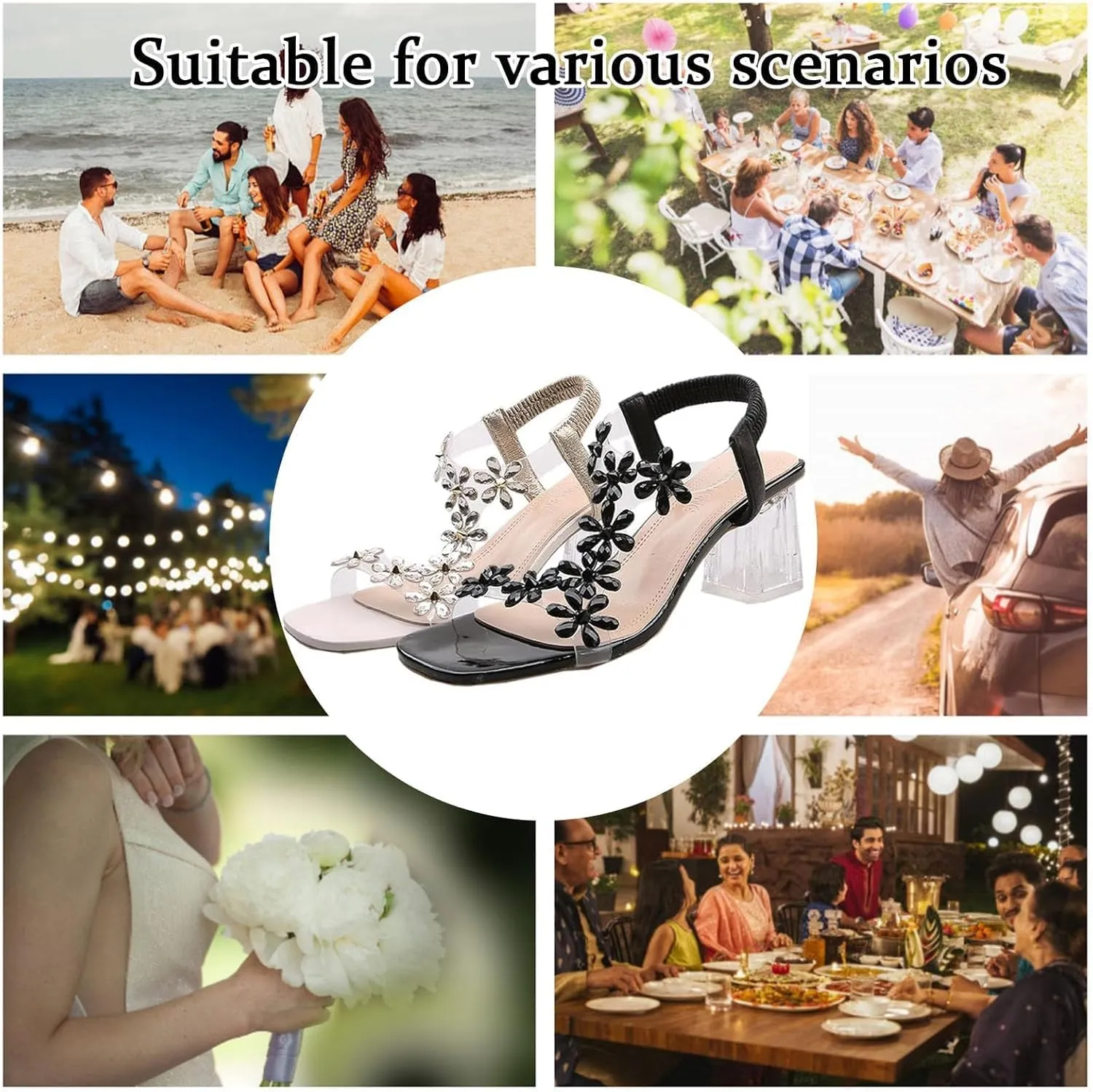 Women Rhinestone Flower Clear Block Heel Sandals,Fashion Elastic Ankle Strap Chunky High Heel Open Toe Sexy Elegant Dress Shoes Womens Flower Rhinestone Block Heel Sandals