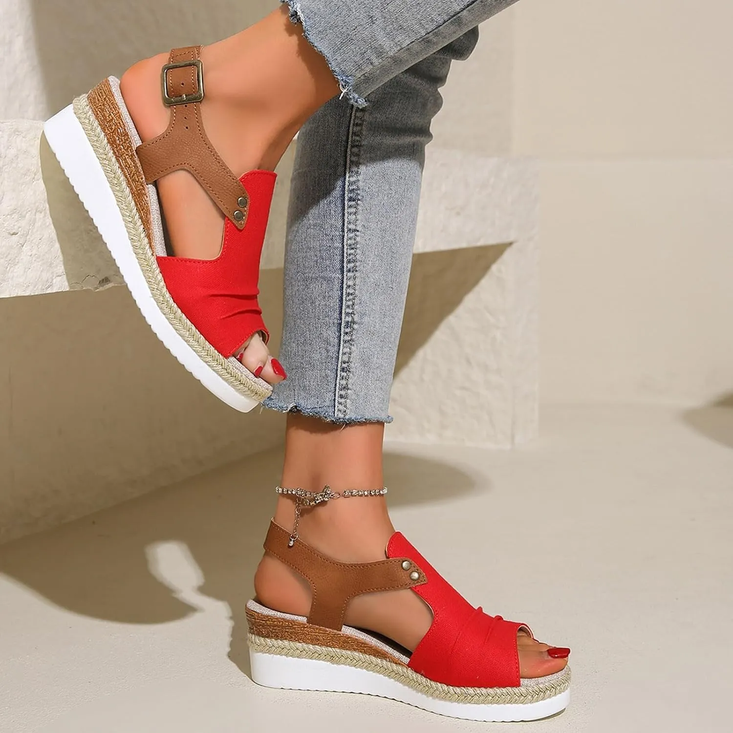 Women Shoes Wedge Thick Sole Sandals Fashionable Fish Mouth Breathable Bohemian Beach Earth Sandals for Women Size 9