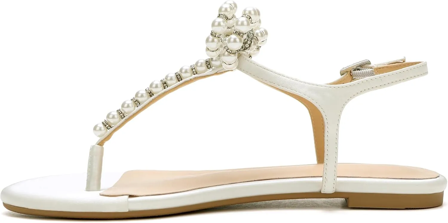 Women T-Strap Thong Sandals with Pearl Roman Style Flats with Bow,Bohemian Casual Beach Slingback Flat Sandals